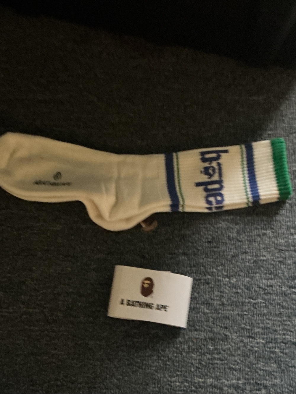 A Bathing Ape White & Green Logo Crew Sock